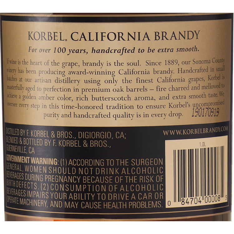 Korbel Brandy 80 - 1.0L - Back Label