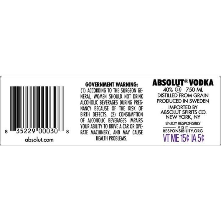 Absolut Vodka 80 - 750ML - Back Label