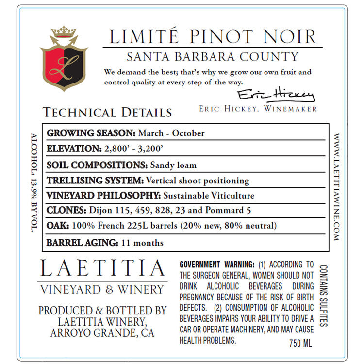 Laetitia Pinot Noir Limite Santa Barbara County 2018 - 750ML - Back Label