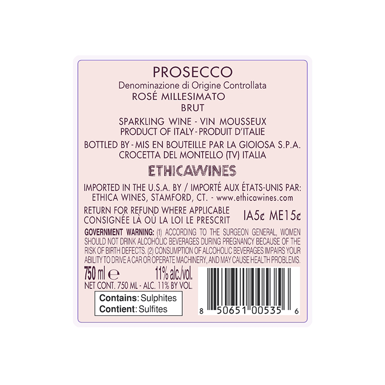 La Gioiosa Prosecco Brut Rose Millesimato - 750ML - Back Label