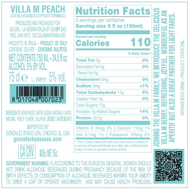 Villa M Moscato Peach - 750ML - Back Label