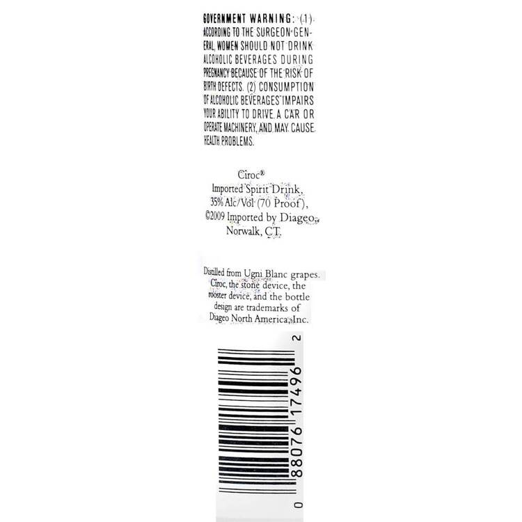 Ciroc Coconut Flavored Vodka 70 - 1.0L - Back Label