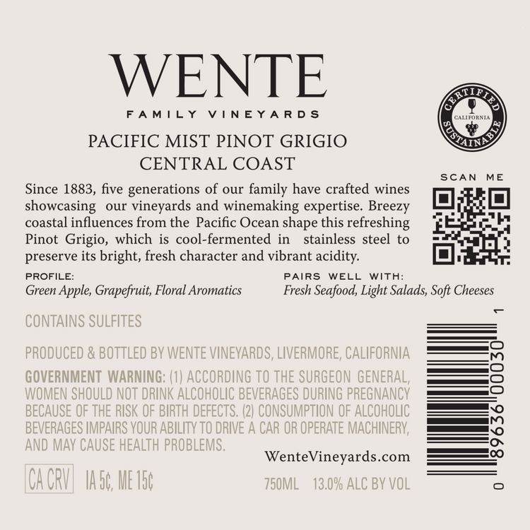 Wente Vineyards Pinot Grigio Pacific Mist Central Coast - 750ML - Back Label