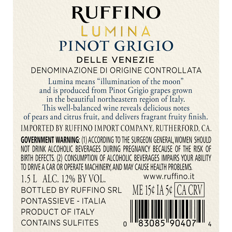 Ruffino Pinot Grigio Lumina Delle Venezie - 1.5L - Back Label