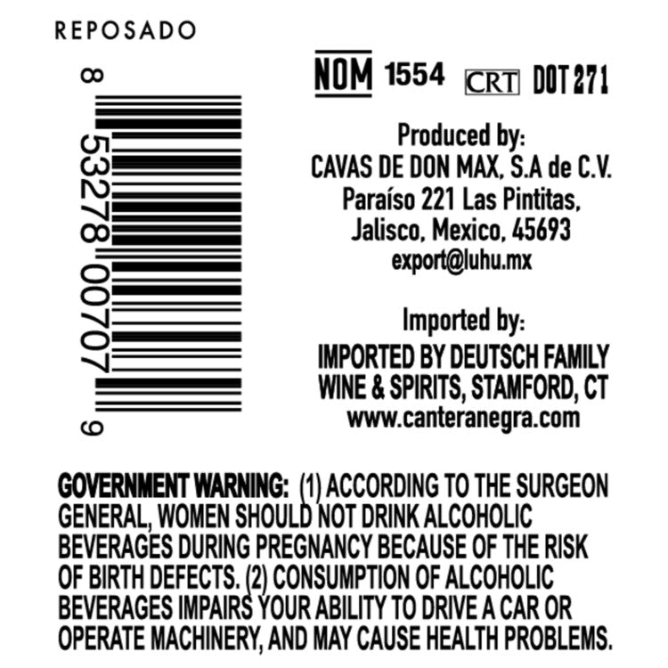 Cantera Negra Tequila Reposado 80 - 750ML - Back Label