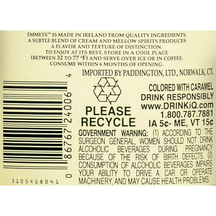 Emmets Irish Cream Liqueur 34 - 750ML - Back Label