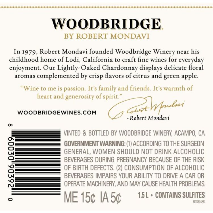 Woodbridge Lightly Oaked Chardonnay California - 1.5L - Back Label