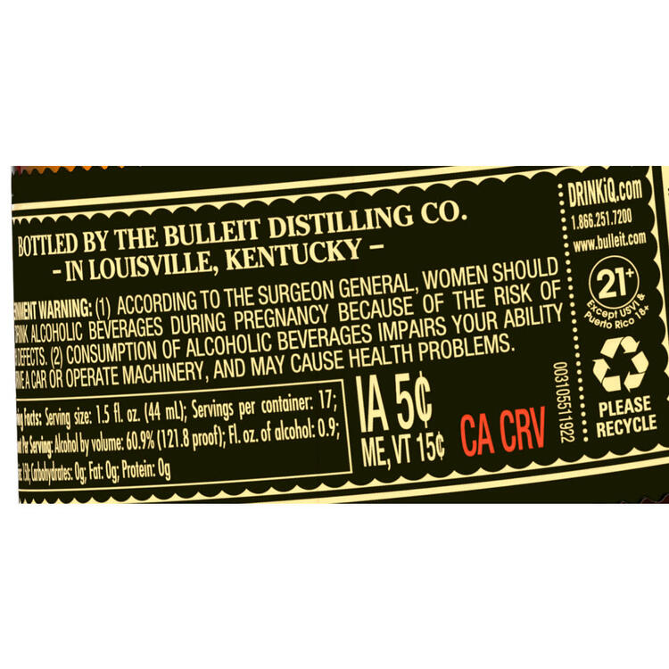 Bulleit Straight Bourbon Barrel Strength No. 8 Frontier Whiskey Uncut - 750ML - Back Label