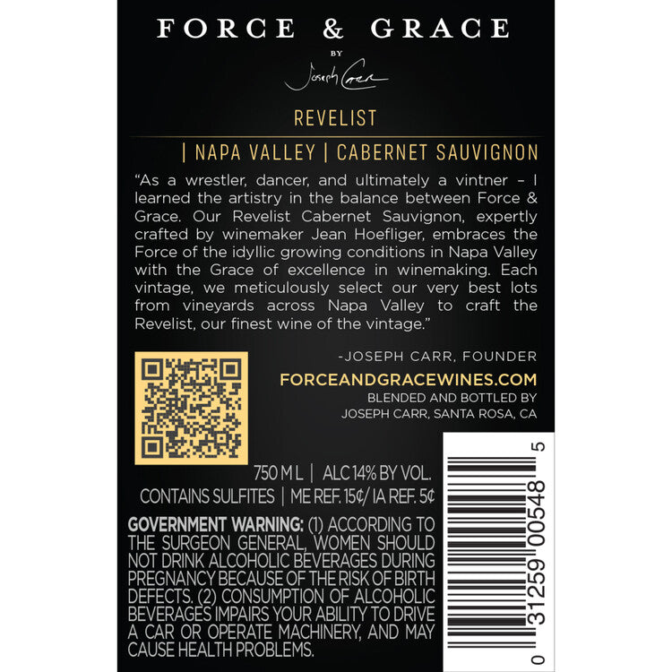 Force & Grace Cabernet Sauvignon Revelist Napa Valley 2022 - 750ML - Back Label