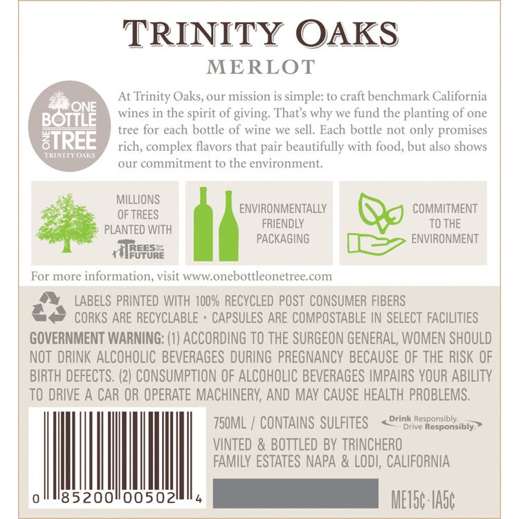 Trinity Oaks Merlot California - 750ML - Back Label