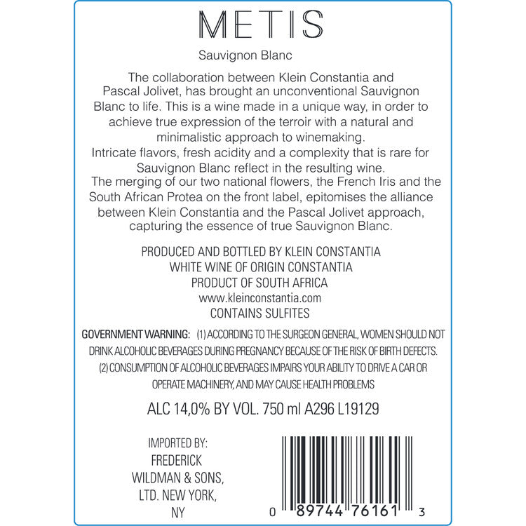 Metis Sauvignon Blanc Constantia 2022 - 750ML - Back Label