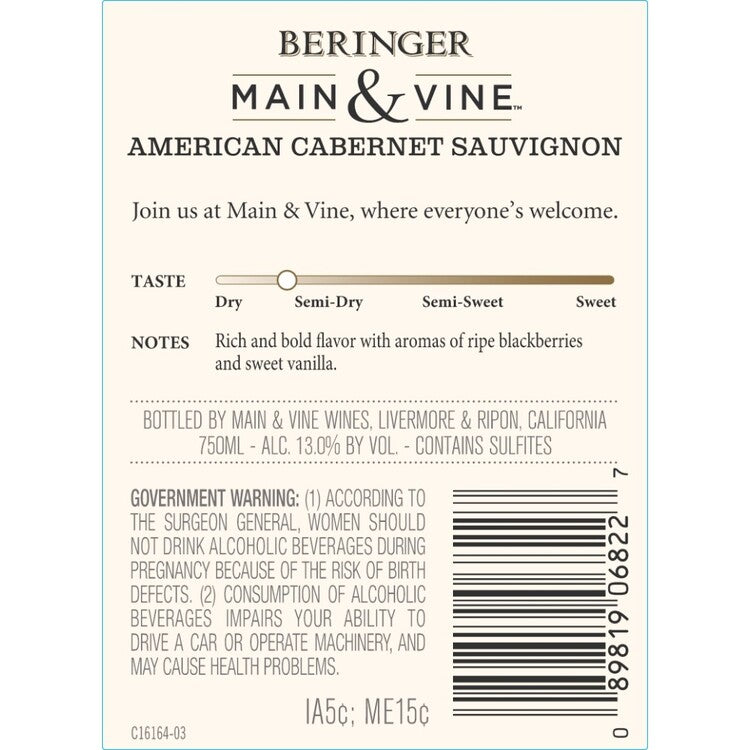 Beringer Main & Vine Cabernet Sauvignon California - 750ML - Back Label