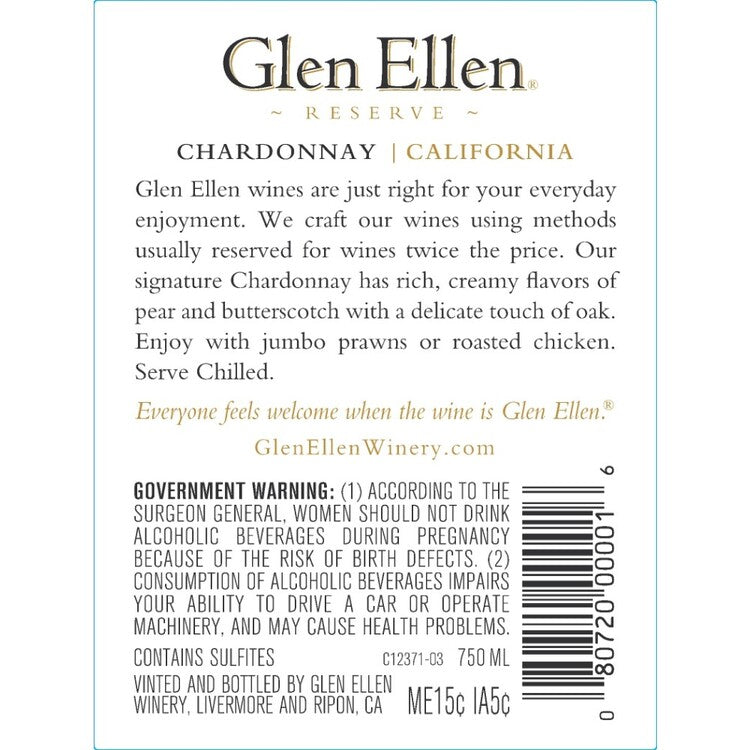 Glen Ellen Chardonnay California - 750ML - Back Label