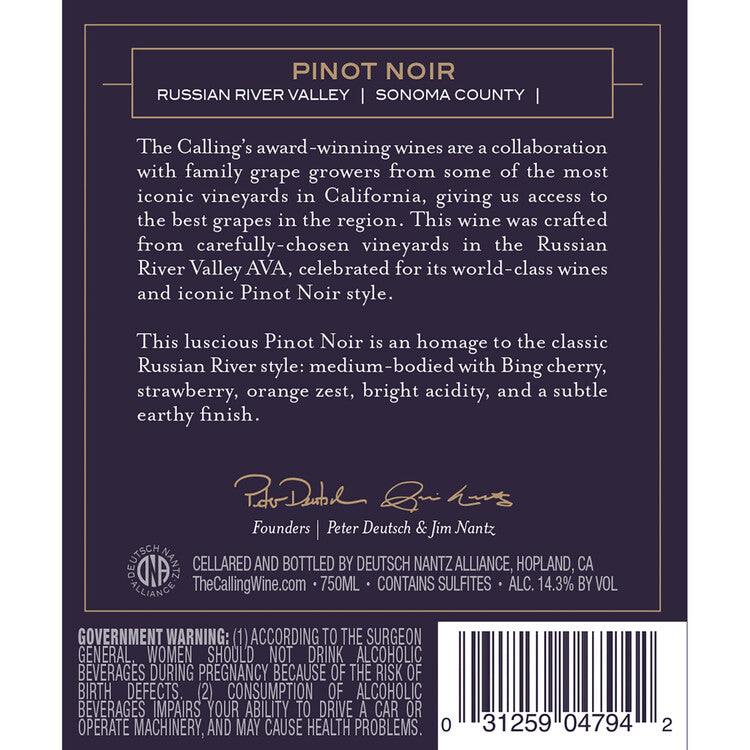The Calling Pinot Noir Russian River Valley 2023 - 750ML - Back Label