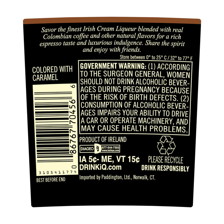 Baileys Cream Liqueur Espresso 34 - 750ML - Back Label