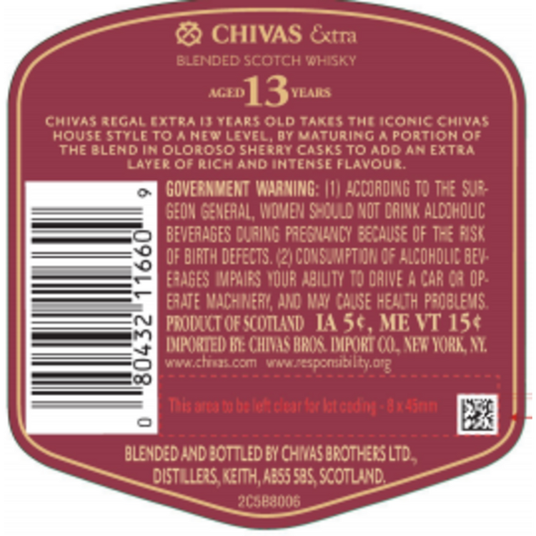 Chivas Regal Blended Scotch Extra 13 Yr 80 With Carton - 750ML - Back Label