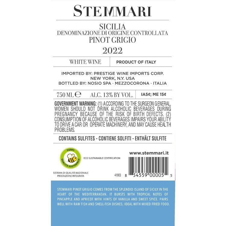 Stemmari Pinot Grigio Terre Siciliane - 750ML - Back Label