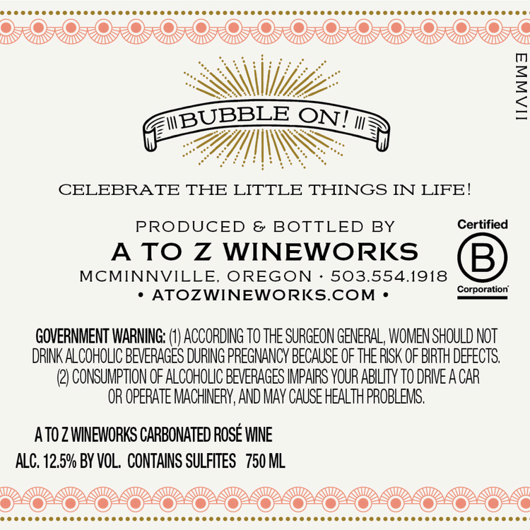 A To Z Wineworks Sparkling Rose Bubbles Oregon - 750ML - Back Label