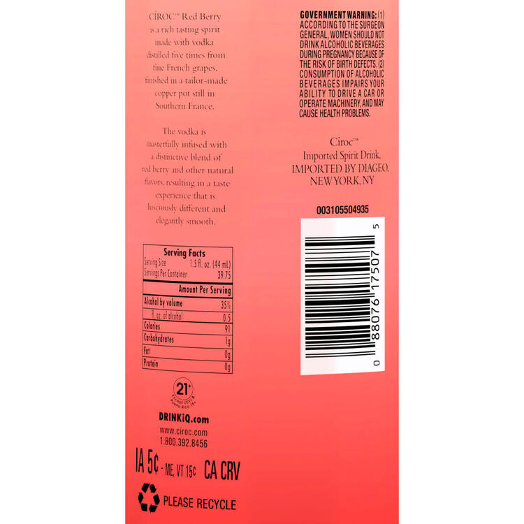 Ciroc Berry Flavored Vodka Red Berry 70 - 1.75L - Back Label