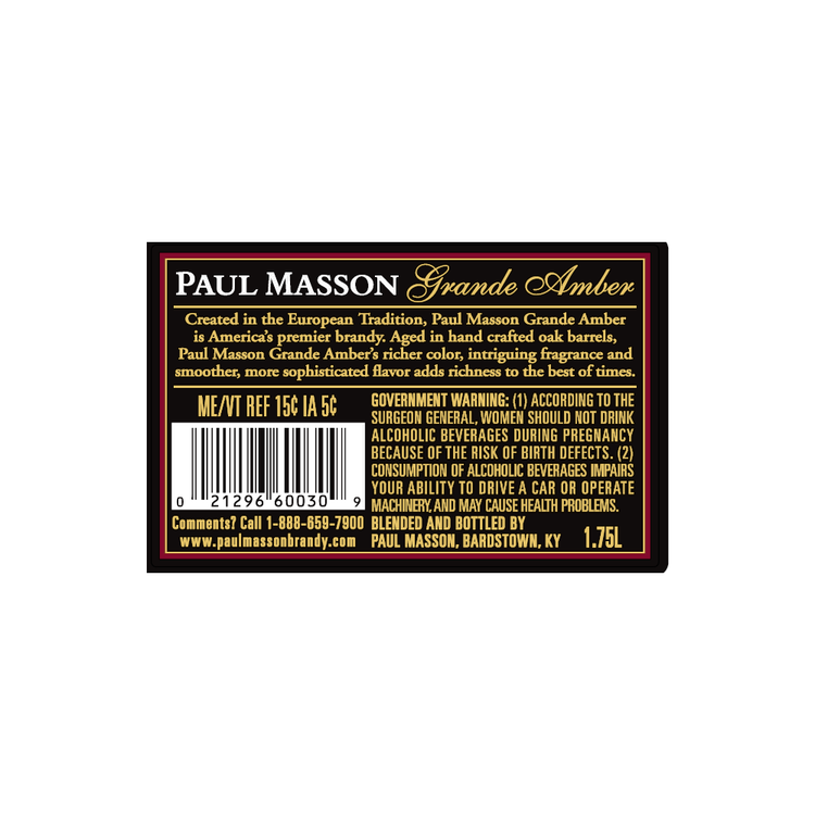 Paul Masson Brandy Grande Amber Vs 80 - 1.75L - Back Label
