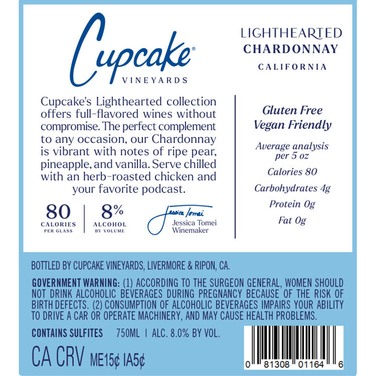 Cupcake Chardonnay Lighthearted California - 750ML - Back Label