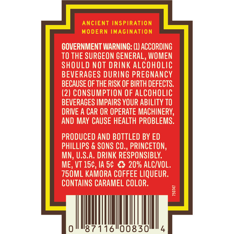 Kamora Coffee Liqueur 40 - 750ML - Back Label