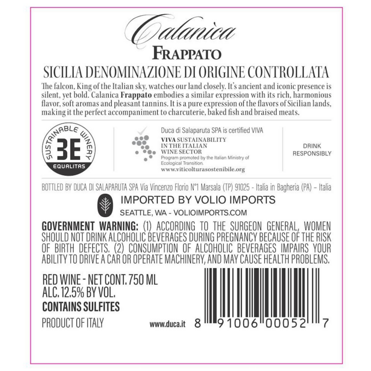 Duca Di Salaparuta Frappato Calanica Terre Siciliane 2020 - 750ML - Back Label