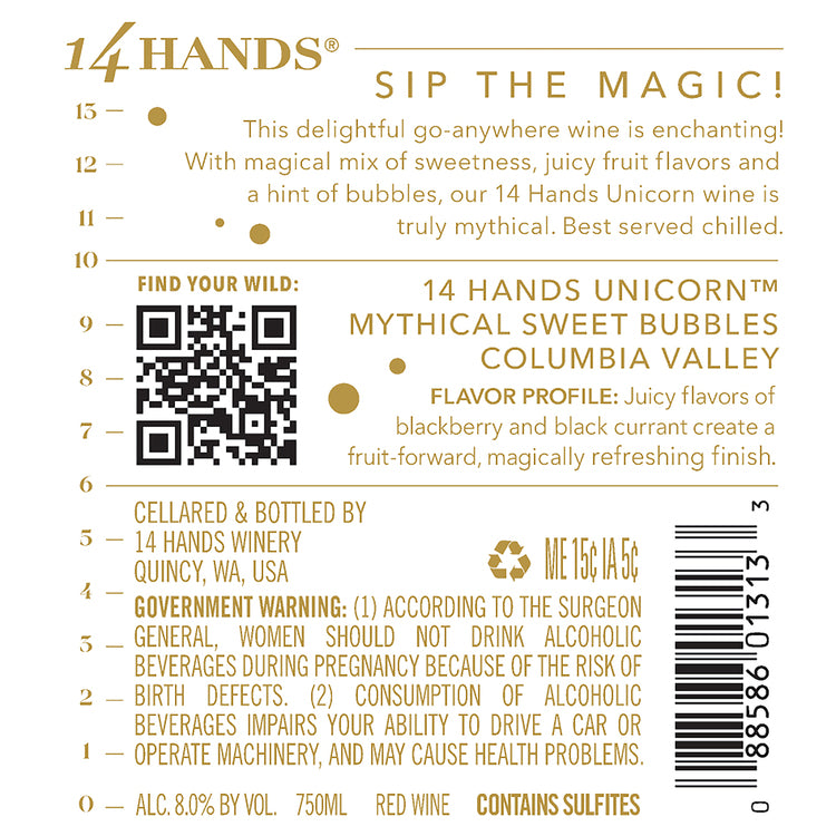 14 Hands Unicorn Mythical Sweet Bubbles Columbia Valley - 750ML - Back Label
