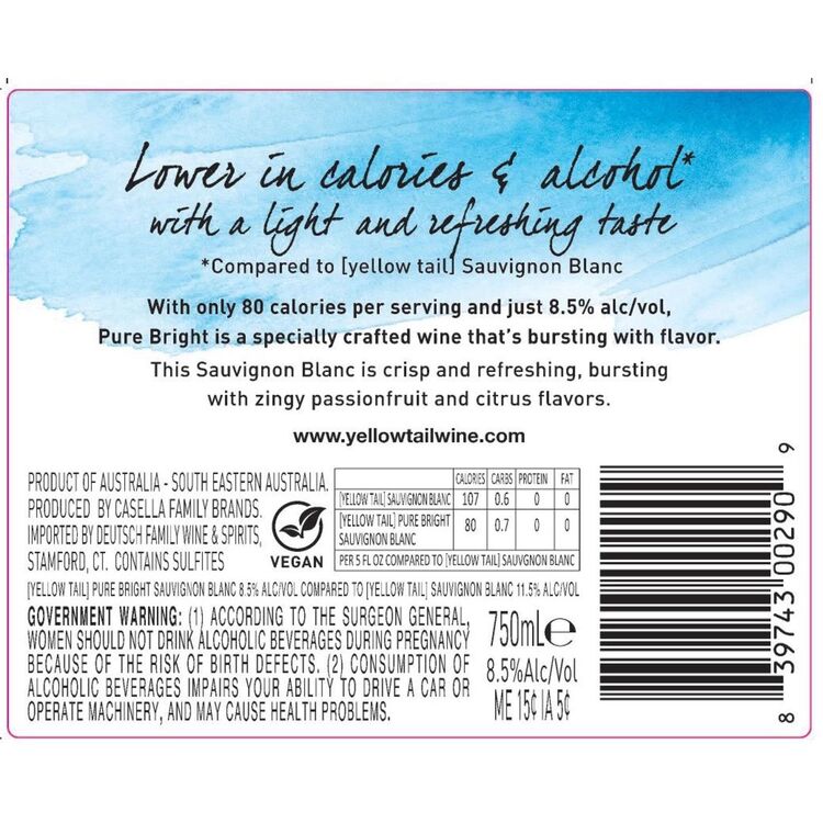 Yellow Tail Sauvignon Blanc Pure Bright Only 80 Calories South Austral - 1.5L