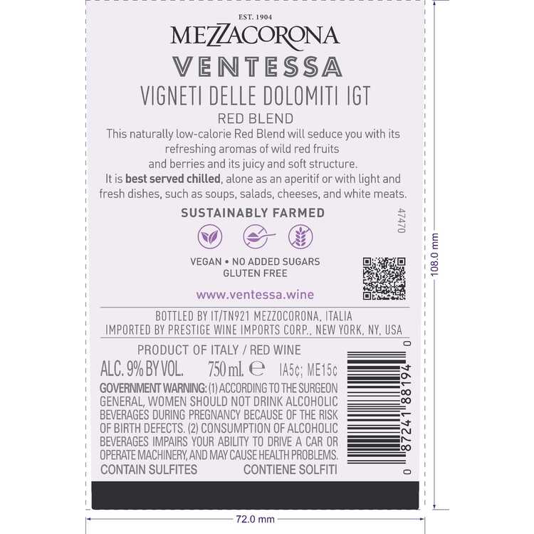 Ventessa Red Blend Vigneti Delle Dolomiti 2023 - 750ML - Back Label