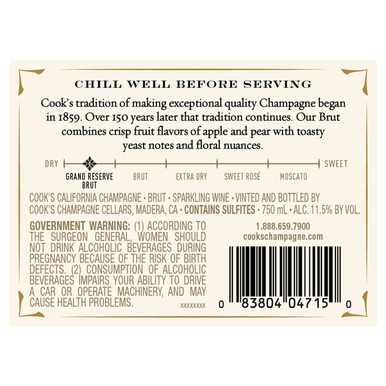 Cook's Brut Grand Reserve Champagne California - 750ML - Back Label