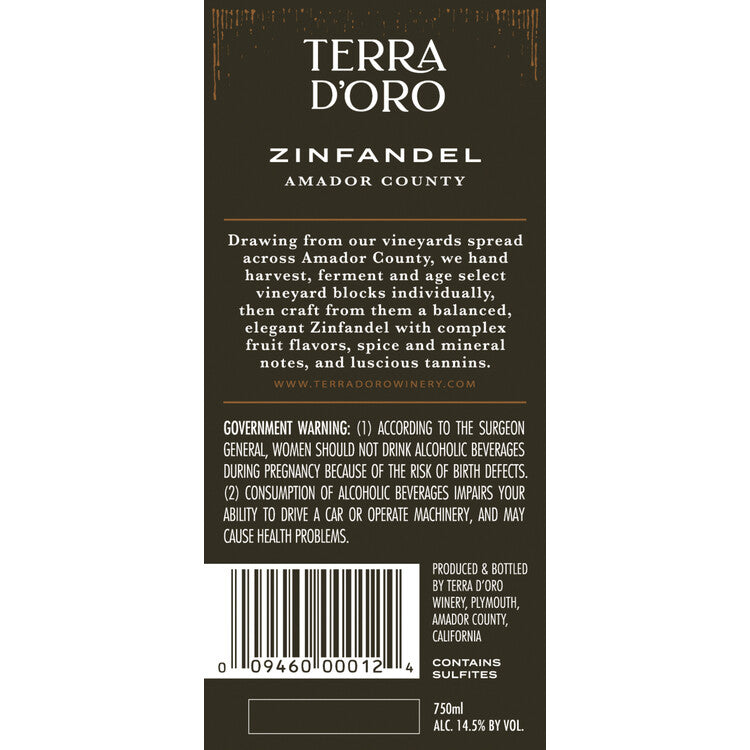 Terra D'Oro Zinfandel Home Vineyard Amador County 2018 - 750ML - Back Label