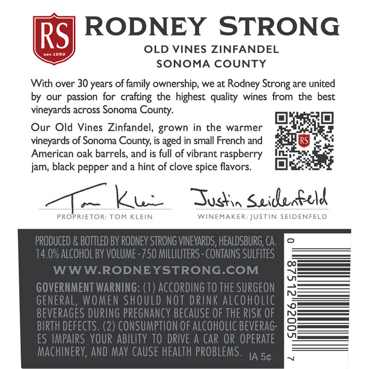 Rodney Strong Zinfandel Old Vines Sonoma County 2021 - 750ML
