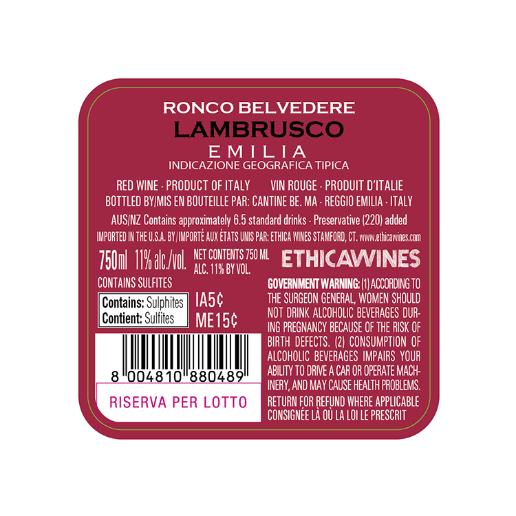 Ronco Belvedere Sparkling Lambrusco Emilia - 750ML - Back Label