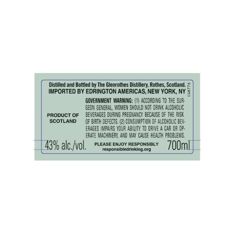 The Glenrothes Single Malt Scotch 15 Yr 86 - 700ML - Back Label
