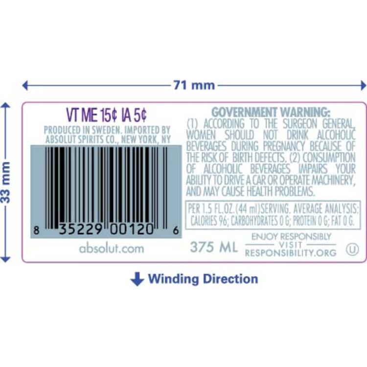 Absolut Lemon Flavored Vodka Citron 80 - 375ML - Back Label