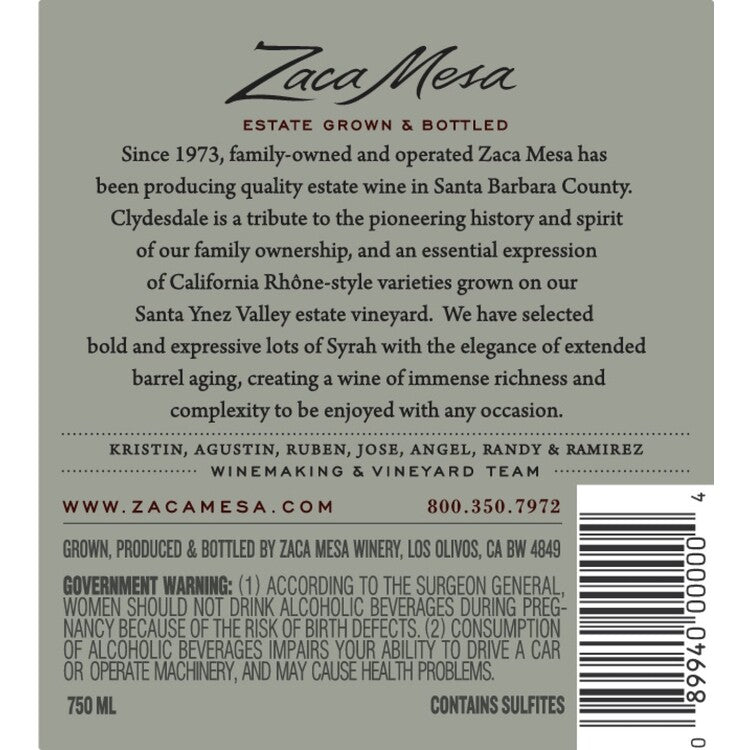 Zaca Mesa Syrah Clydesdale Estate Vineyard Santa Ynez Valley 2017 - 750ML