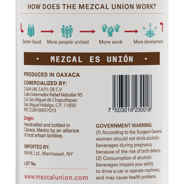 Union Uno Mezcal Joven 80 - 750ML - Back Label