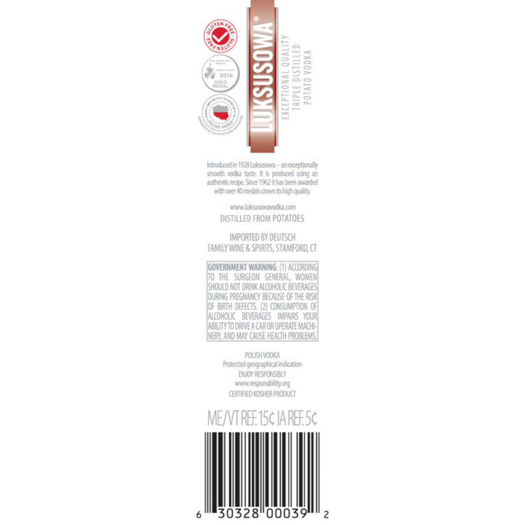 Luksusowa Vodka 80 - 1.75L - Back Label