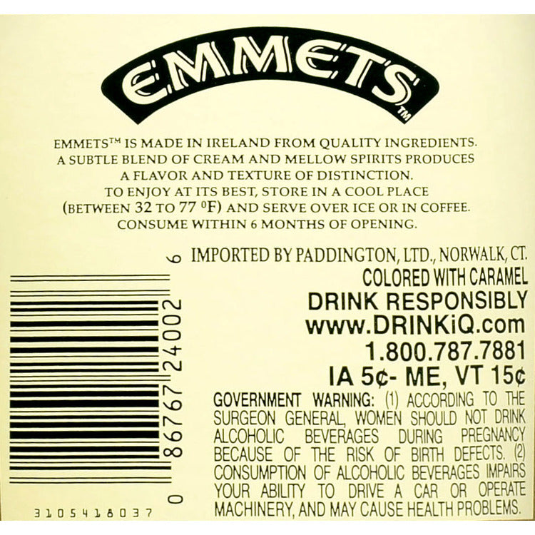 Emmets Irish Cream Liqueur 34 - 1.75L - Back Label
