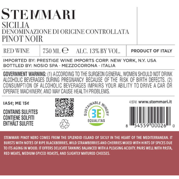 Stemmari Pinot Noir Sicilia - 750ML - Back Label