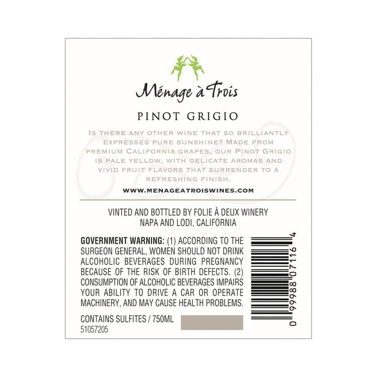 Menage A Trois Pinot Grigio California - 750ML - Back Label