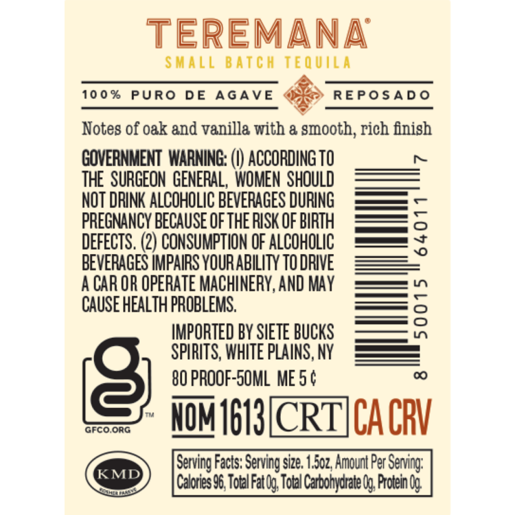 Teremana Tequila Reposado Small Batch 80 - 50ML - Back Label