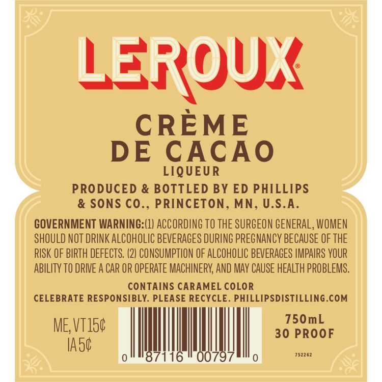 Leroux Creme De Cacao 30 - 750ML - Back Label