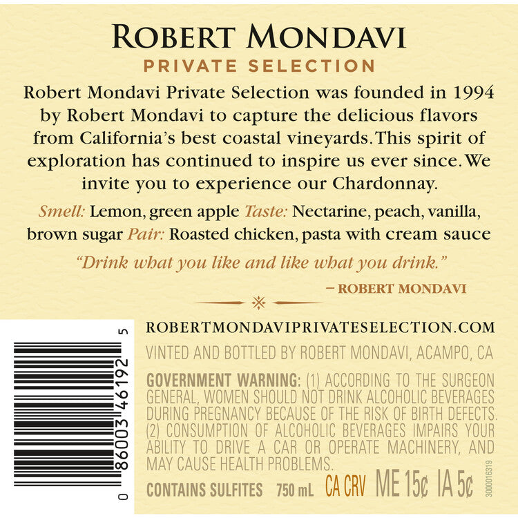 Robert Mondavi Private Selection Chardonnay California - 750ML - Back Label