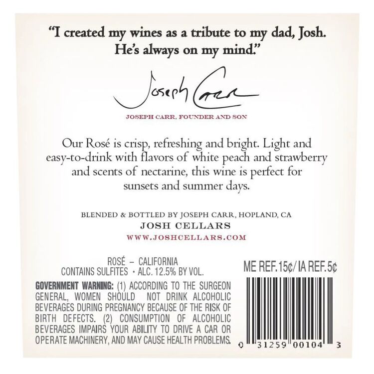 Josh Cellars Rose Wine California - 750ML - Back Label