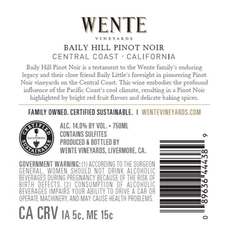 Wente Vineyards Pinot Noir Baily Hill Central Coast - 750ML