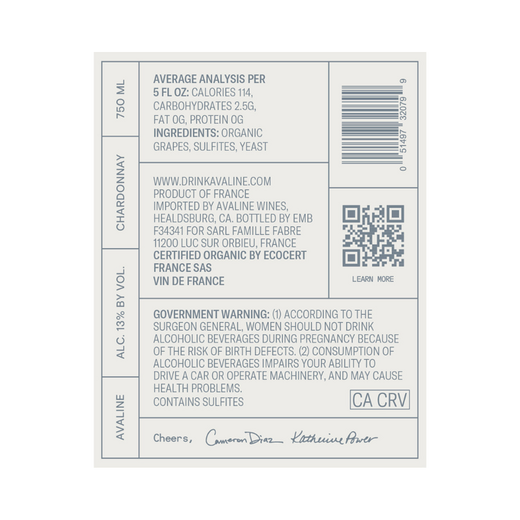 Avaline Chardonnay Pays D'Oc Made With Organic Grapes - 750ML - Back Label