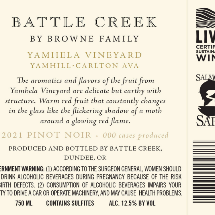 Battle Creek Cellars Pinot Noir Yamhela Vineyard Yamhill Carlton Distr - 750ML