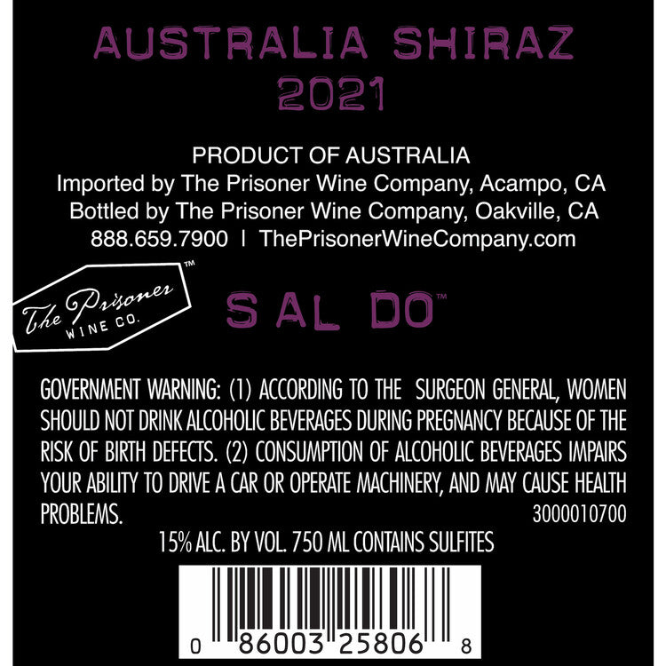 Saldo Shiraz Australia 2021 - 750ML - Back Label